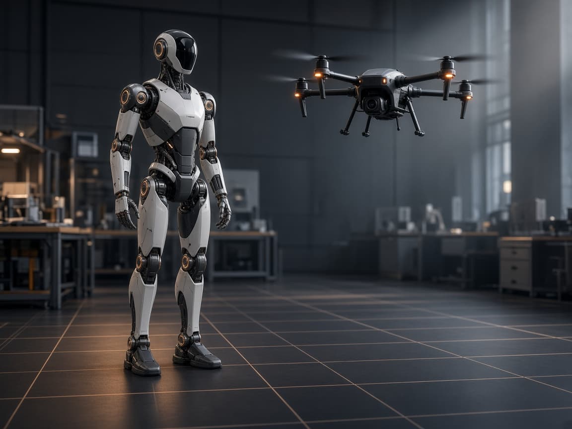 Humanoid robot and drone in a research lab—illustrative mobility platforms.